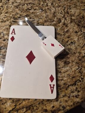 Ace of Diamonds Ceramic Cheese Board and Knife Set - White and Red